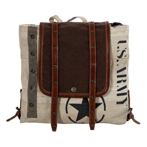 Myra Bag Handmade Army Backpack Upcycled Canvas & Cowhide Leather - Picture 3 of 10